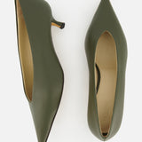 Le Monde Béryl Babouche Kitten Heel pumps in olive green leather with a pointed toe.