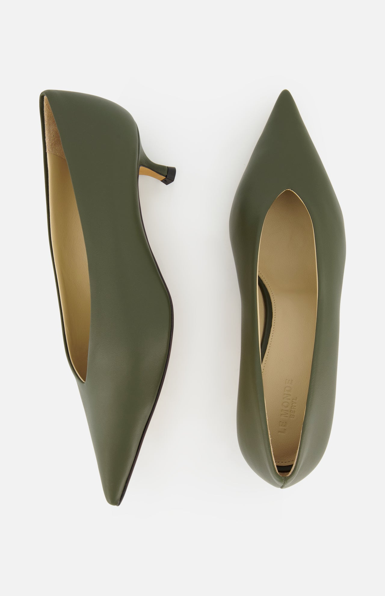 Le Monde Béryl Babouche Kitten Heel pumps in olive green leather with a pointed toe.
