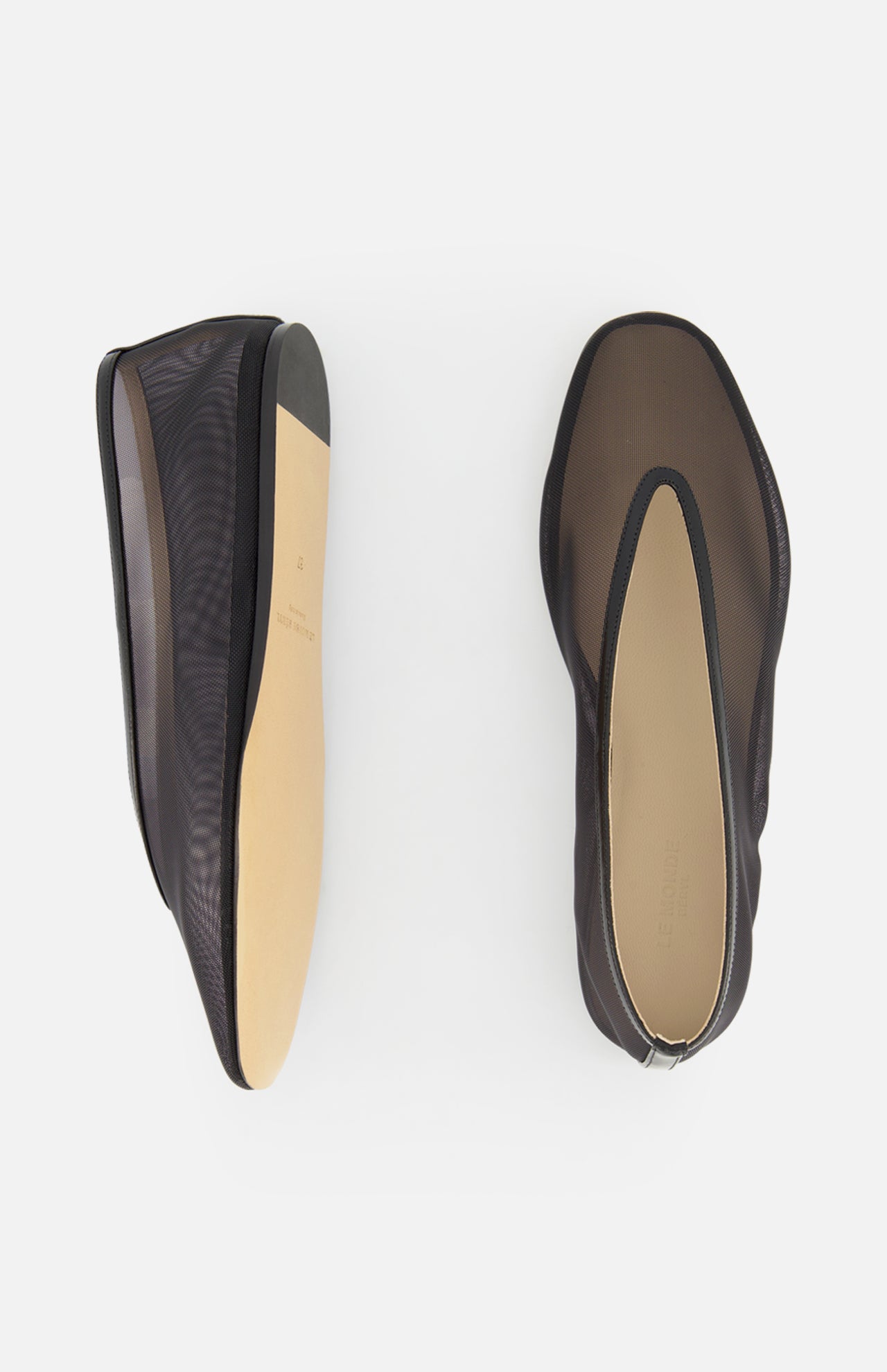 The Luna Mesh Slipper by LE MONDE BERYL features black mesh, cushioned calf leather insoles, and beige soles. Handcrafted in Italy, they're showcased from top and bottom views on a white background.