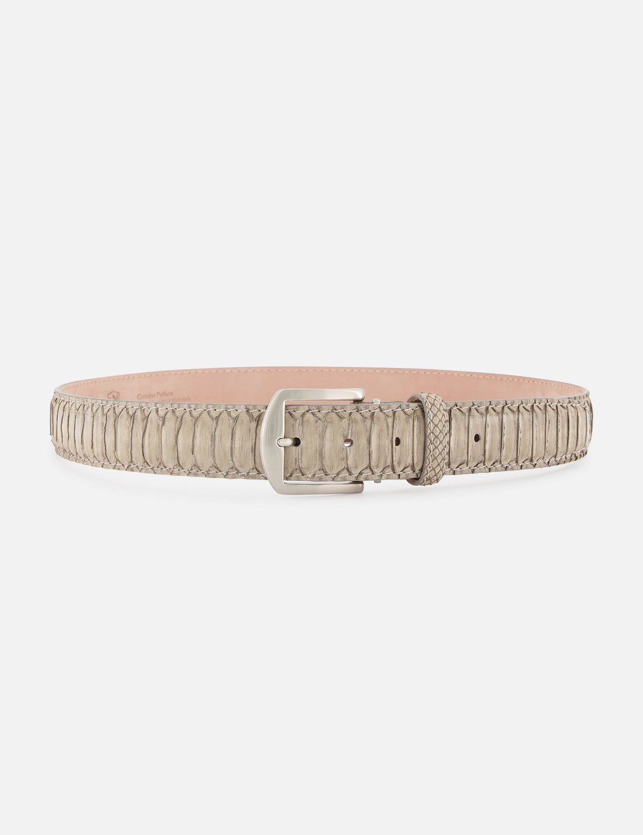 The Buffed Python Belt by L.E.N. Belts is a light gray textured designer accessory made from python leather, featuring a silver buckle and shown against a white background.