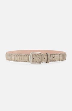 The Buffed Python Belt by L.E.N. Belts is a light gray textured designer accessory made from python leather, featuring a silver buckle and shown against a white background.