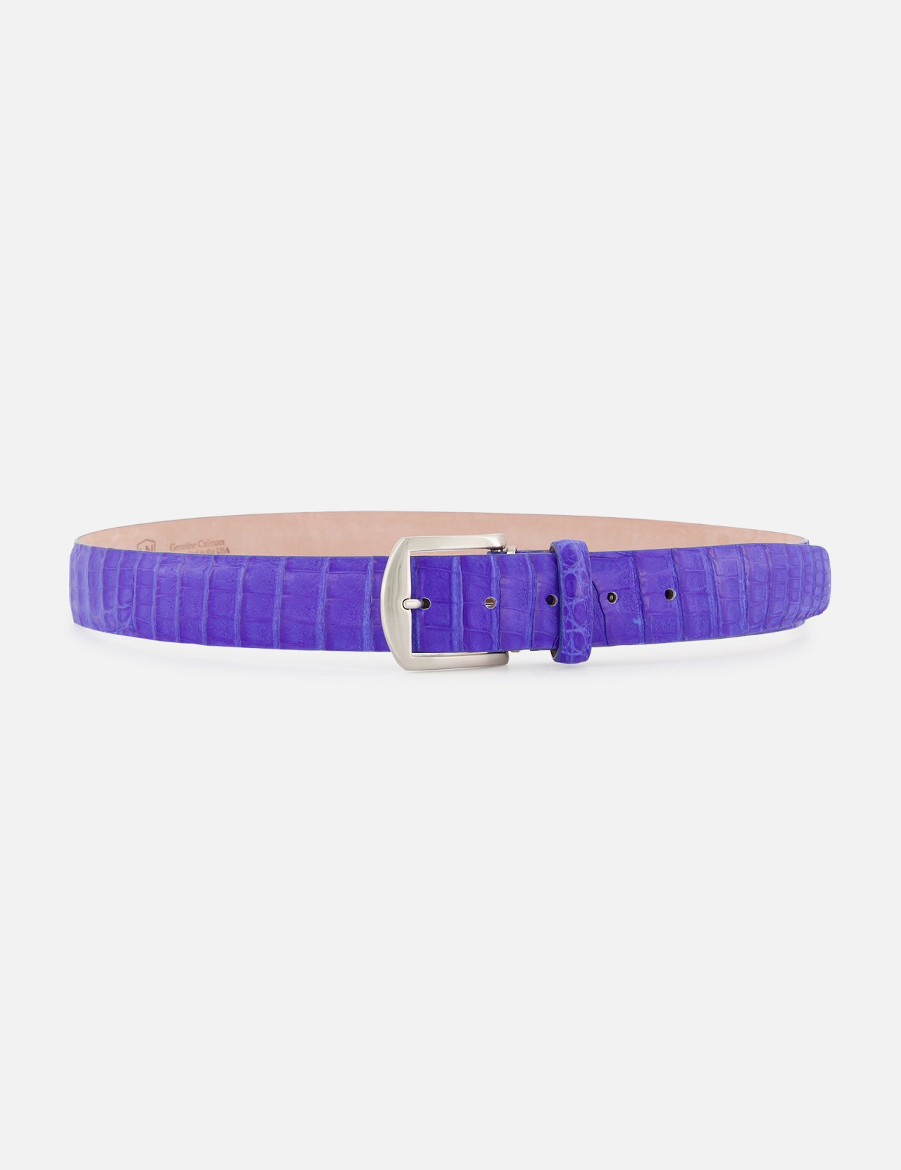 The L.E.N. Belts Caiman Belt, crafted from purple textured Caiman crocodile leather with a silver buckle and made in the USA, is showcased against a plain white background—a standout luxury accessory.