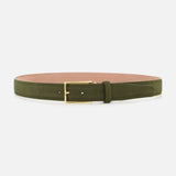 Dark green suede-like Alcantara Belt by LEN Belts featuring a gold-tone buckle and light-colored lining.