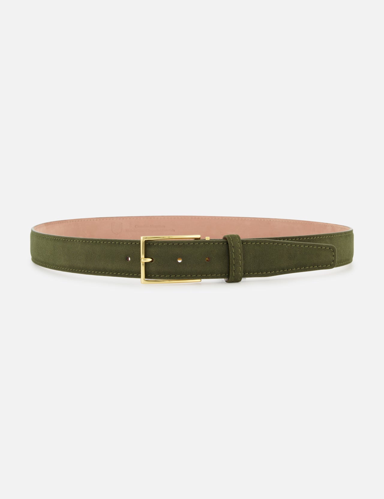 Dark green suede-like Alcantara Belt by LEN Belts featuring a gold-tone buckle and light-colored lining.