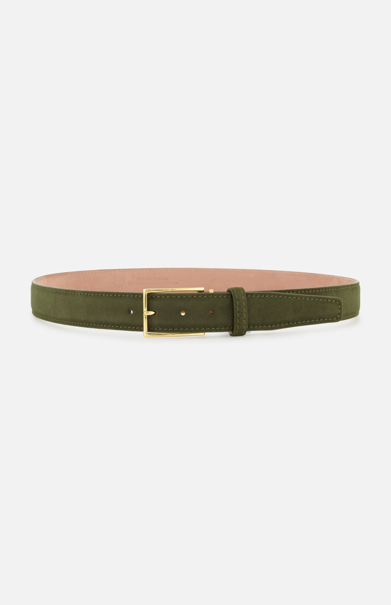Dark green suede-like Alcantara Belt by LEN Belts featuring a gold-tone buckle and light-colored lining.
