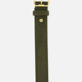 LEN Belts Alcantara Belt in olive green featuring a gold-tone rectangular buckle and a single metal stud on the strap.