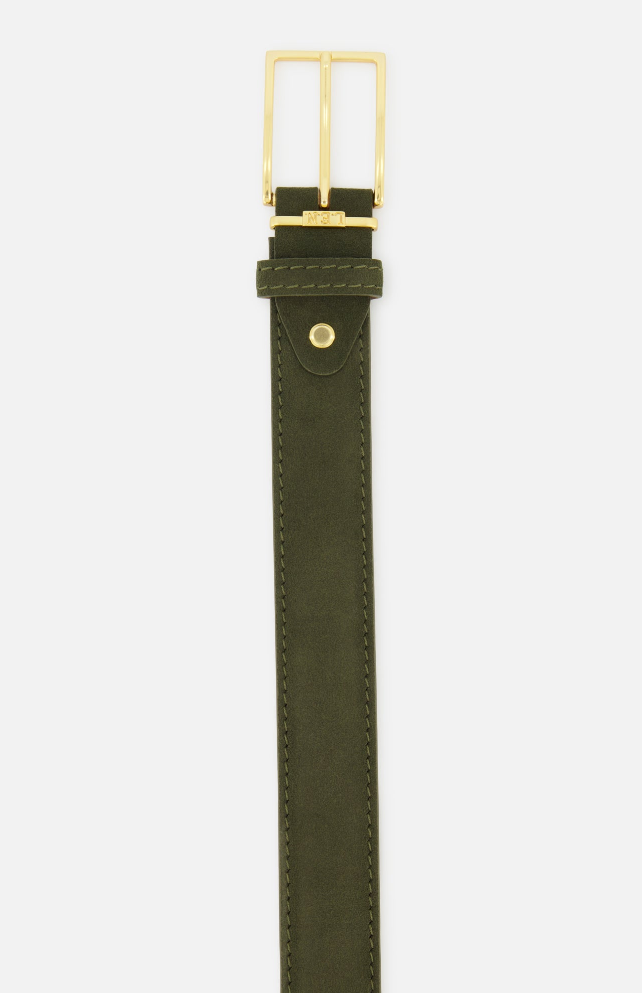 LEN Belts Alcantara Belt in olive green featuring a gold-tone rectangular buckle and a single metal stud on the strap.