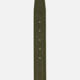 LEN Belts Alcantara Belt in dark green with tonal stitching and a row of punched adjustment holes.
