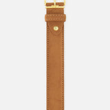 LEN Belts Alcantara Belt in tan suede-like material with a gold-tone rectangular buckle and matching hardware.