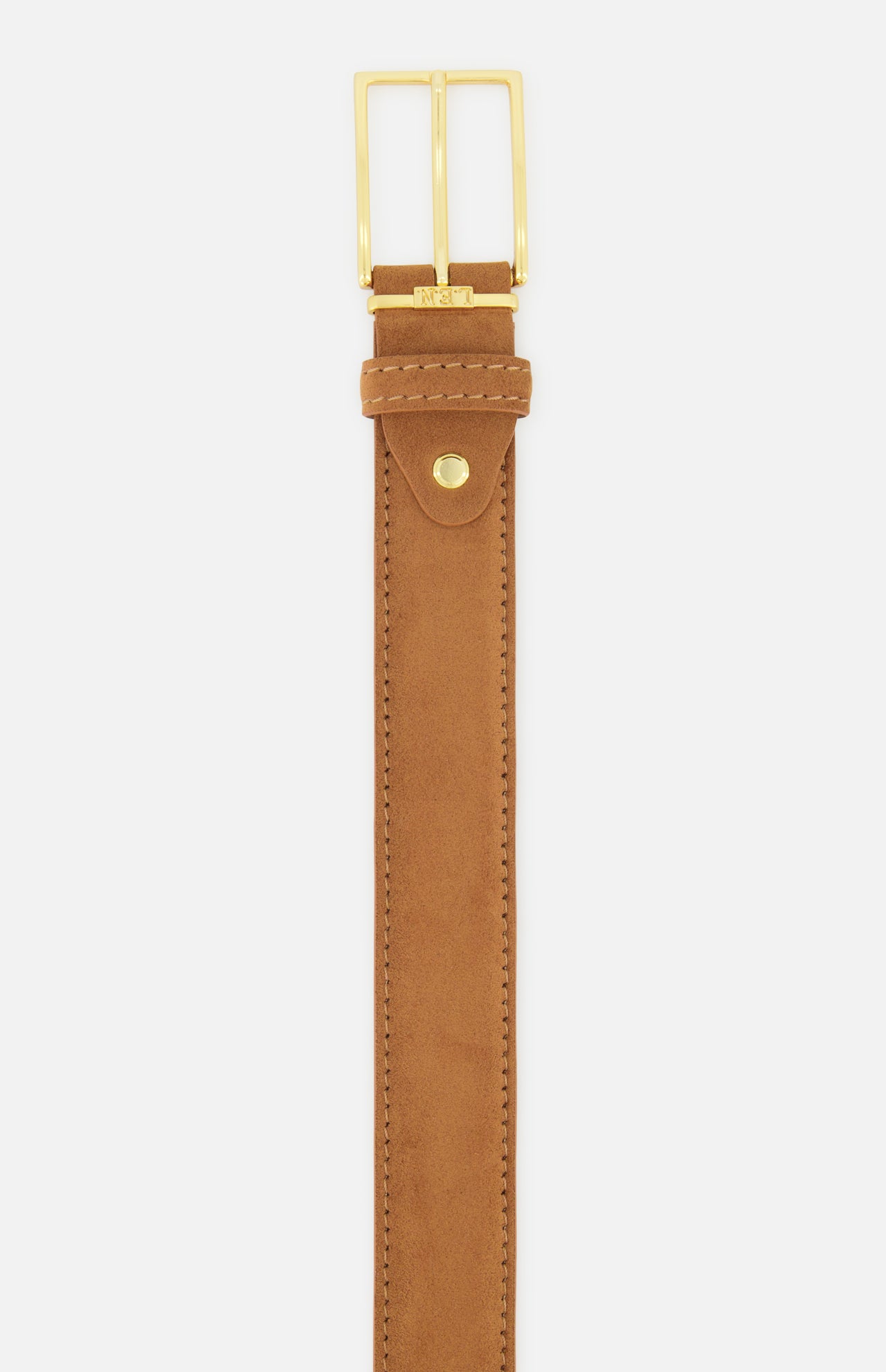 LEN Belts Alcantara Belt in tan suede-like material with a gold-tone rectangular buckle and matching hardware.