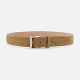 LEN Belts Alcantara Belt in olive green suede-like material with a silver rectangular buckle and light stitching.