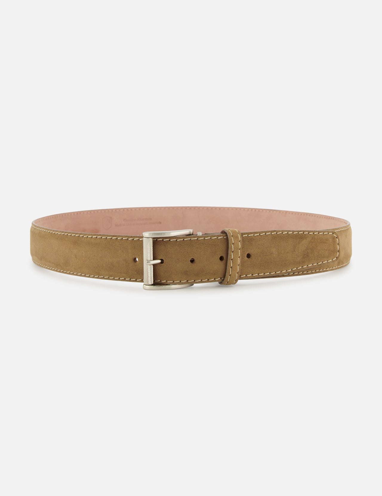 LEN Belts Alcantara Belt in olive green suede-like material with a silver rectangular buckle and light stitching.