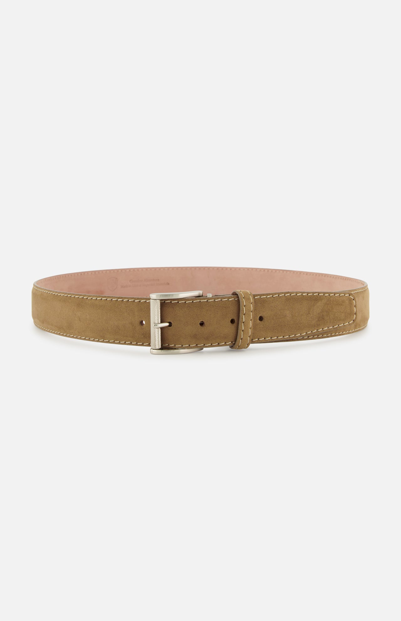 LEN Belts Alcantara Belt in olive green suede-like material with a silver rectangular buckle and light stitching.
