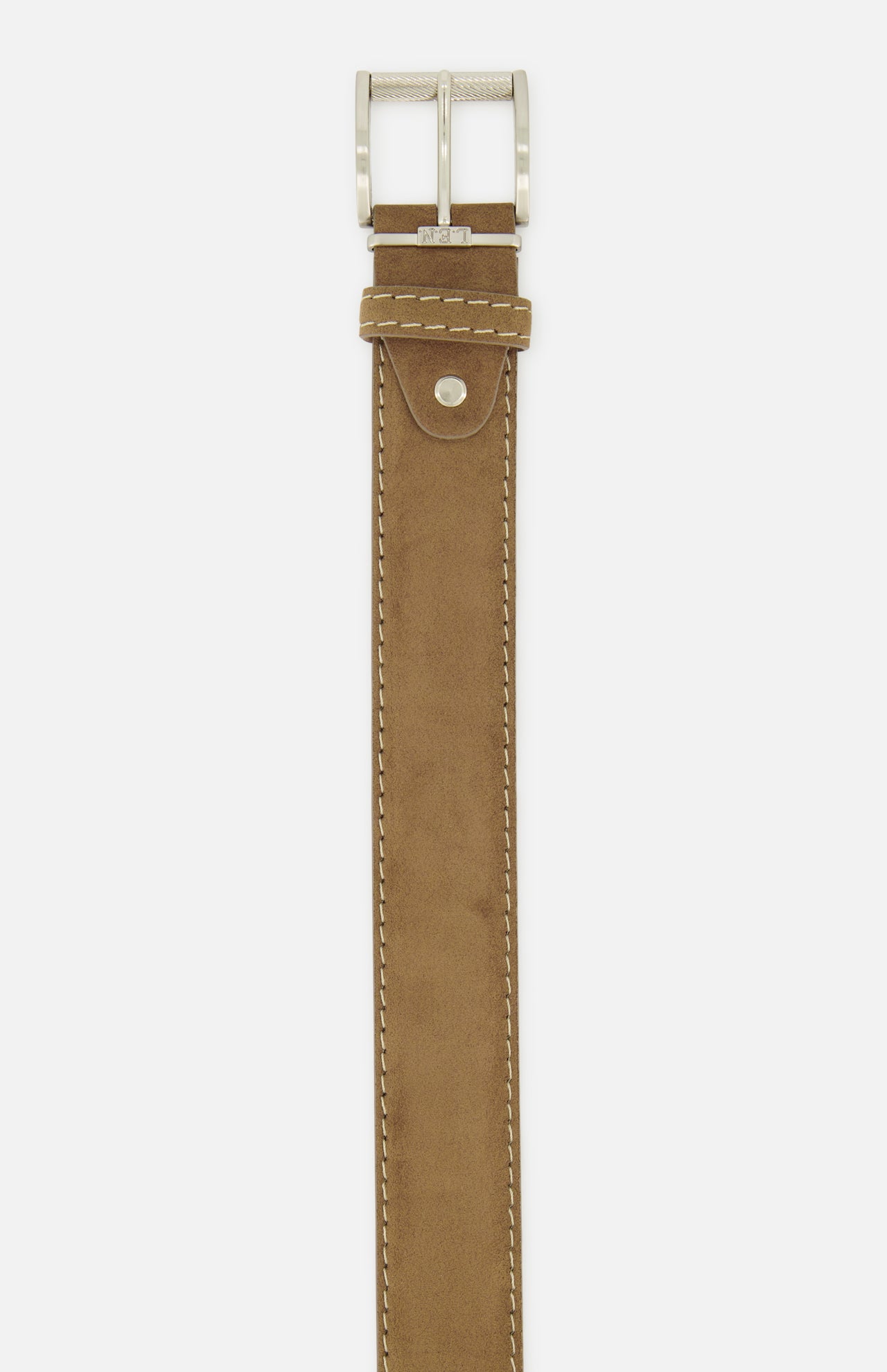 LEN Belts Alcantara Belt in tan suede-like material featuring white stitching and a silver buckle.