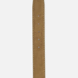 Alcantara Belt in tan suede-like material featuring white contrast stitching and five punch holes.