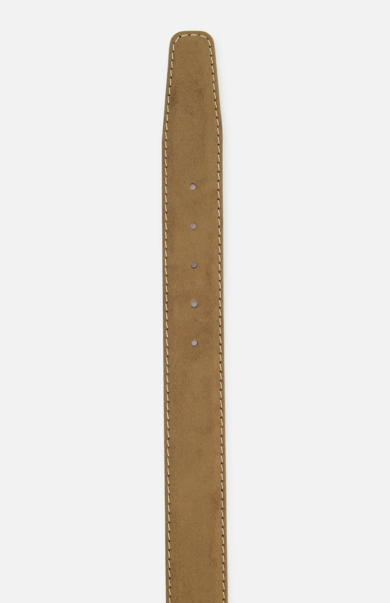 Alcantara Belt in tan suede-like material featuring white contrast stitching and five punch holes.