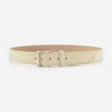 Beige suede-like Alcantara Belt with a silver metal buckle.