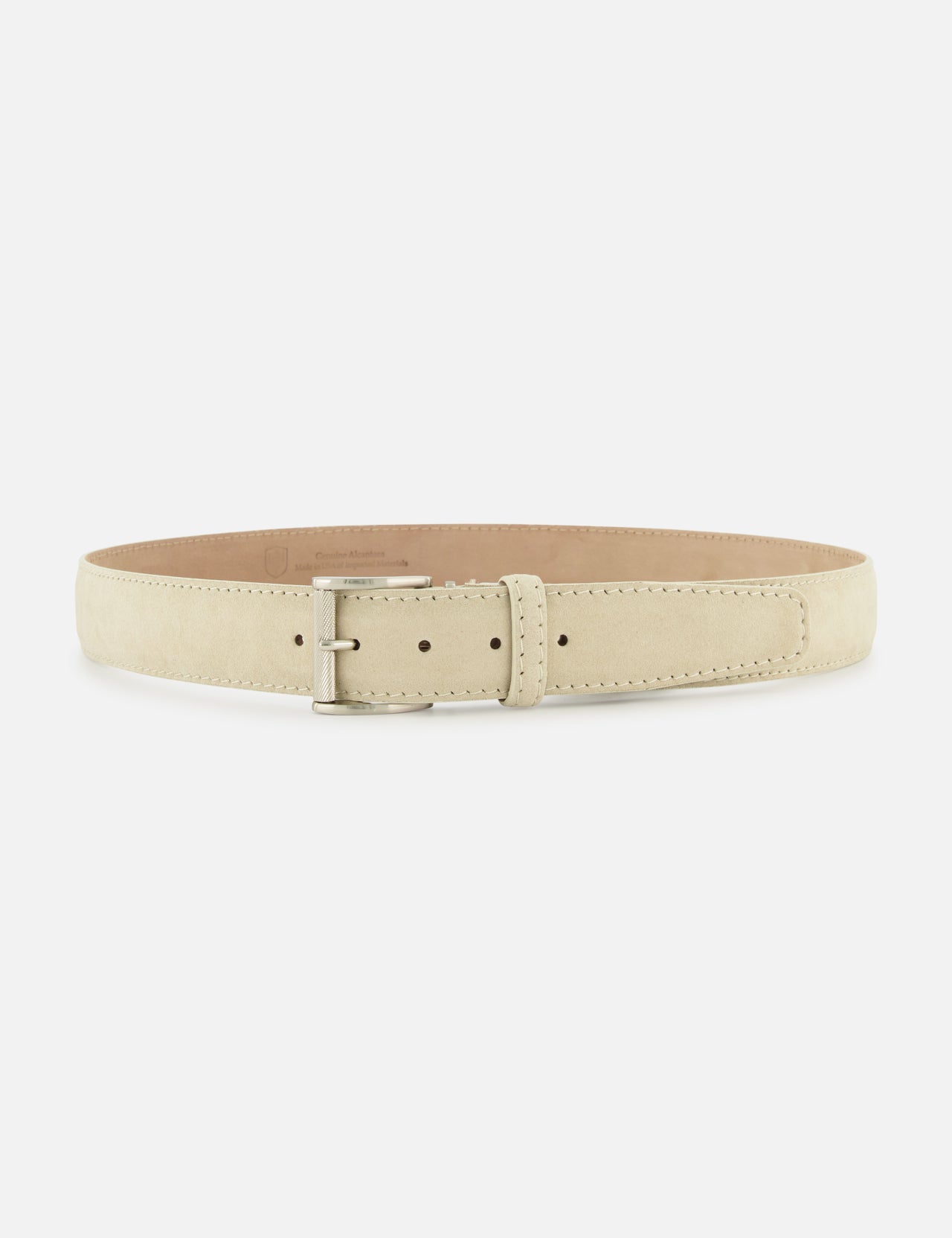 Beige suede-like Alcantara Belt with a silver metal buckle.