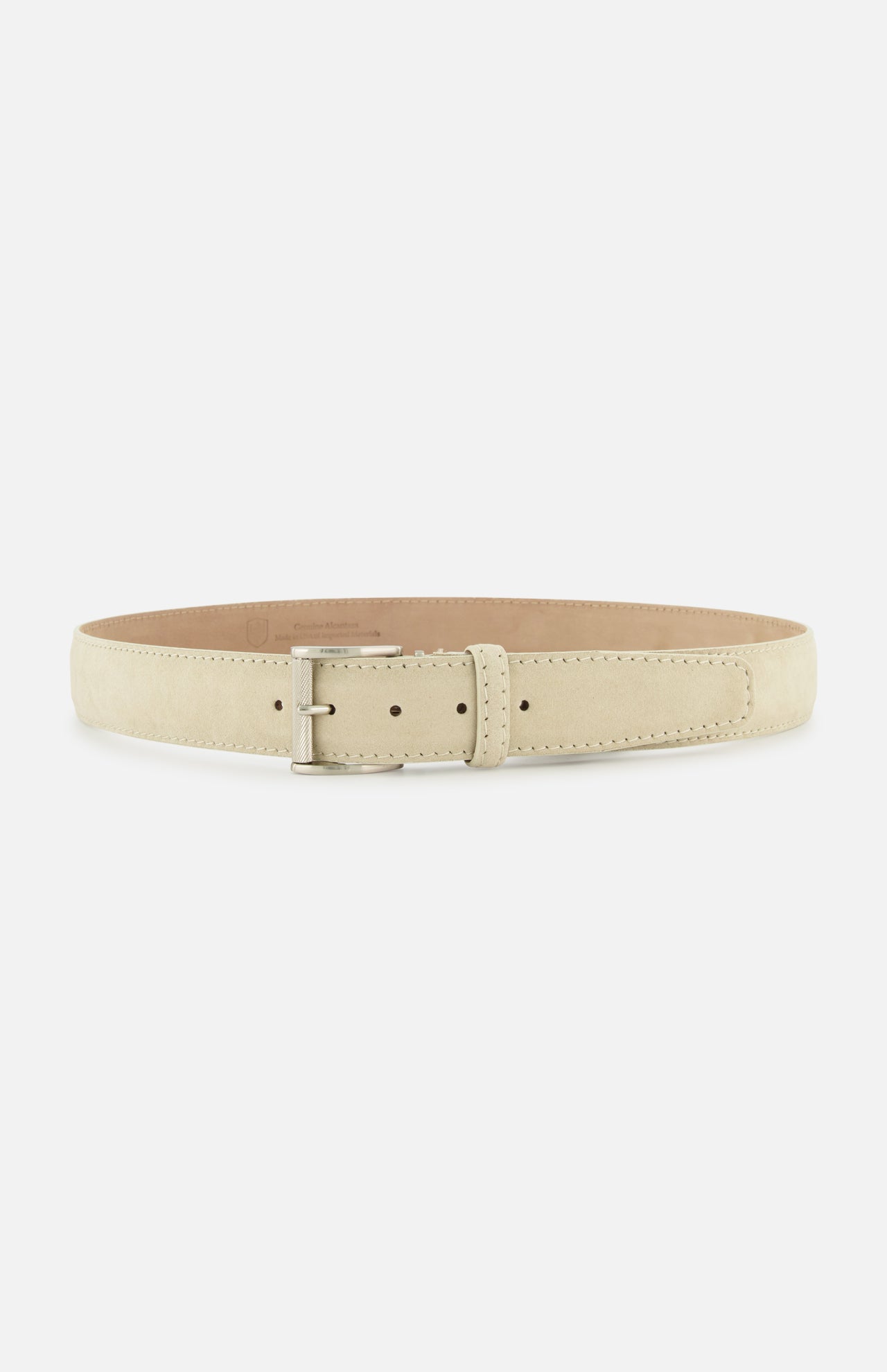 Beige suede-like Alcantara Belt with a silver metal buckle.