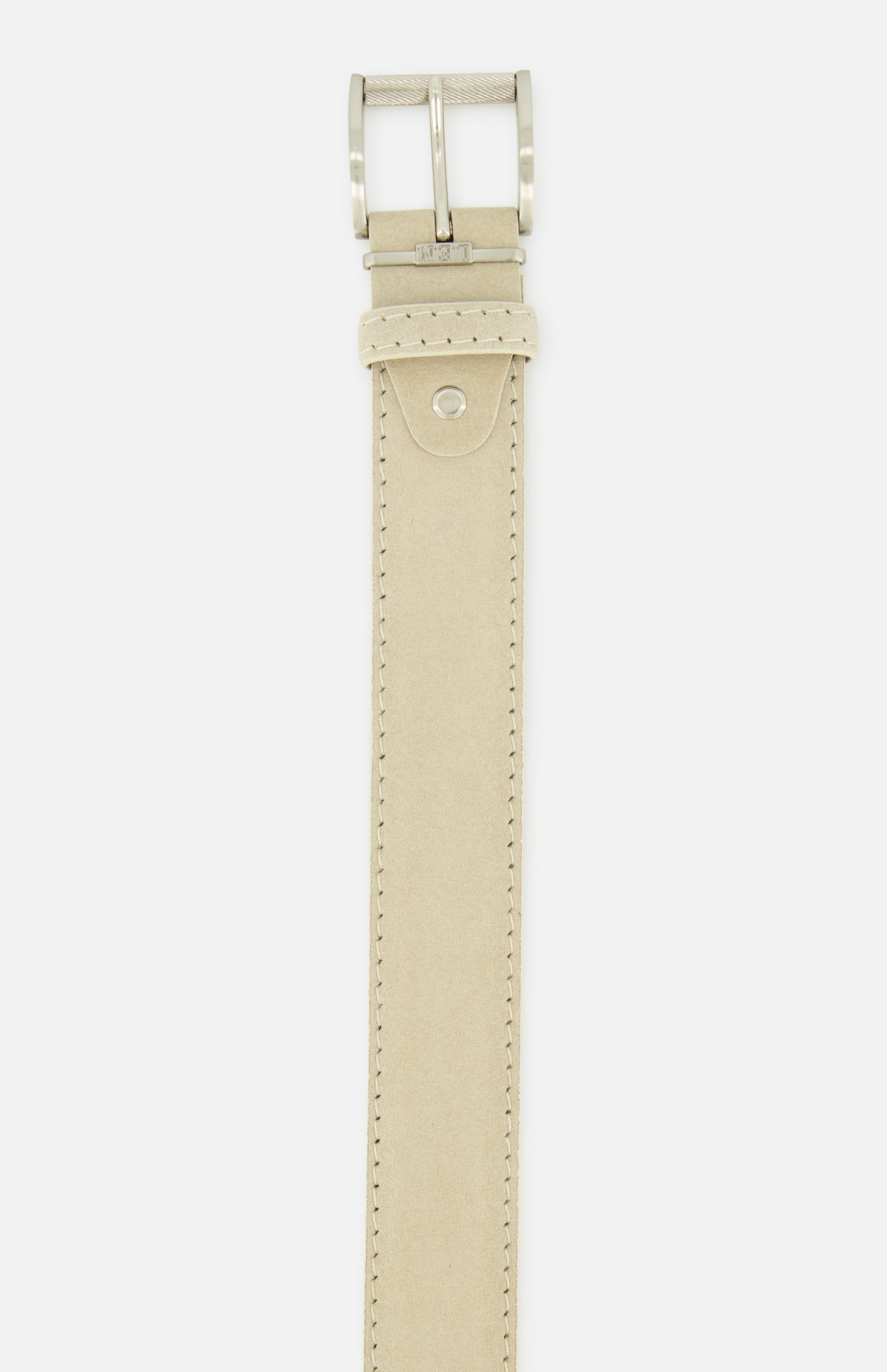 LEN Belts Alcantara Belt in beige suede-like material featuring a brushed metal buckle and a single metal snap closure on the keeper.