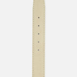LEN Belts Alcantara belt in beige suede-like material with contrast stitching and a row of punched adjustment holes.
