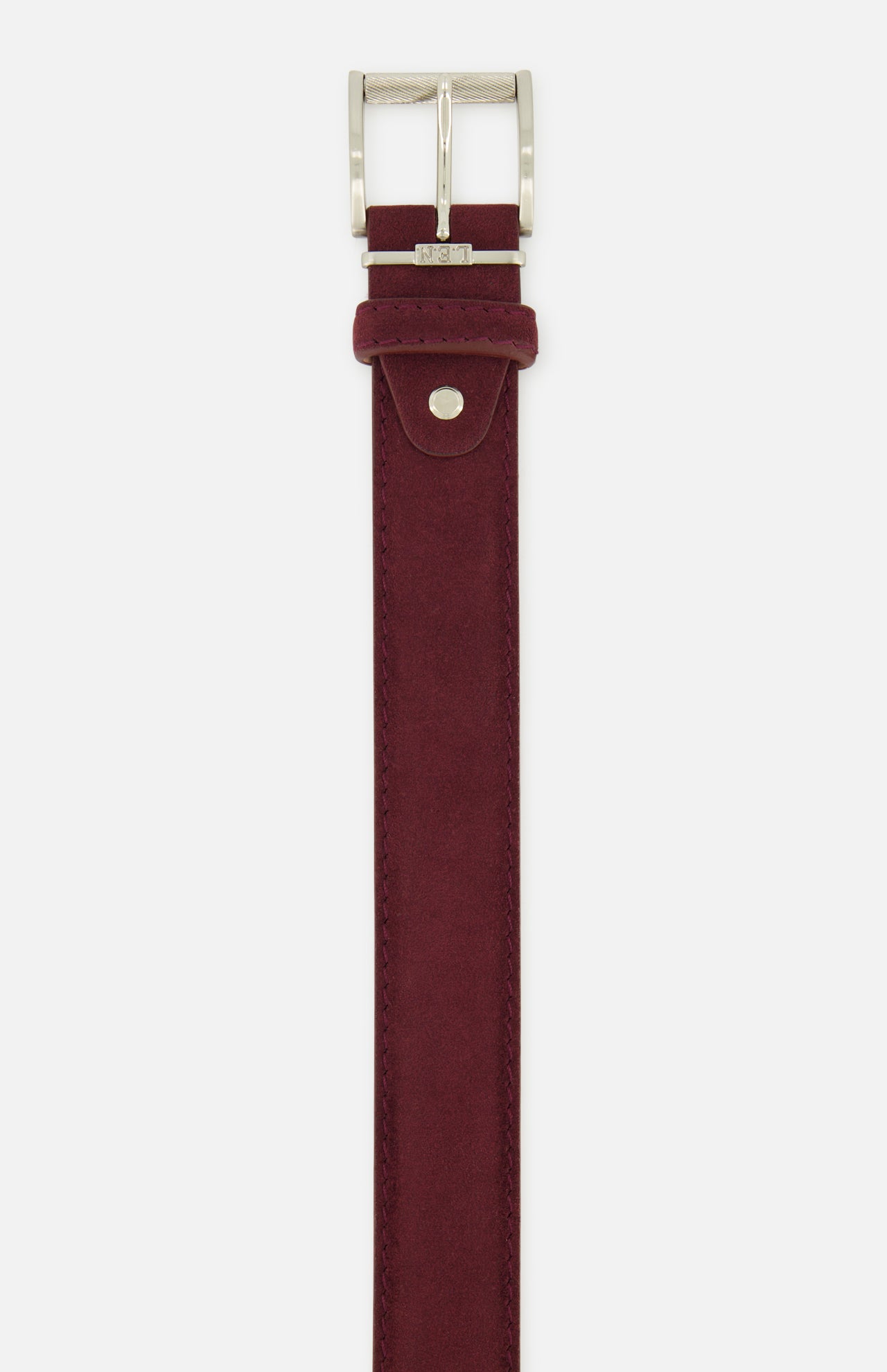 LEN Belts Alcantara belt in deep red aubergine suede with a silver-toned metal buckle.