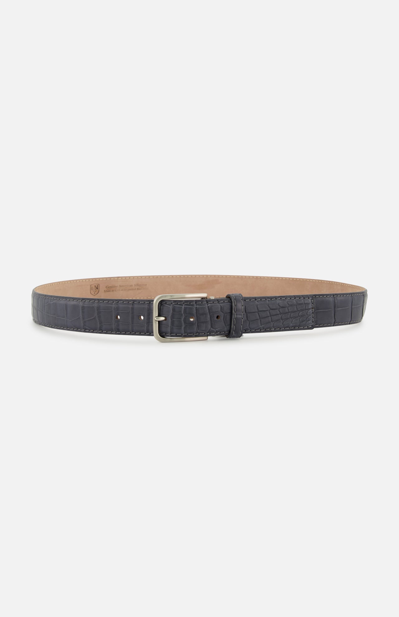LEN Belts American Alligator Belt in dark navy blue with a crocodile-embossed pattern and a silver-toned metal buckle.