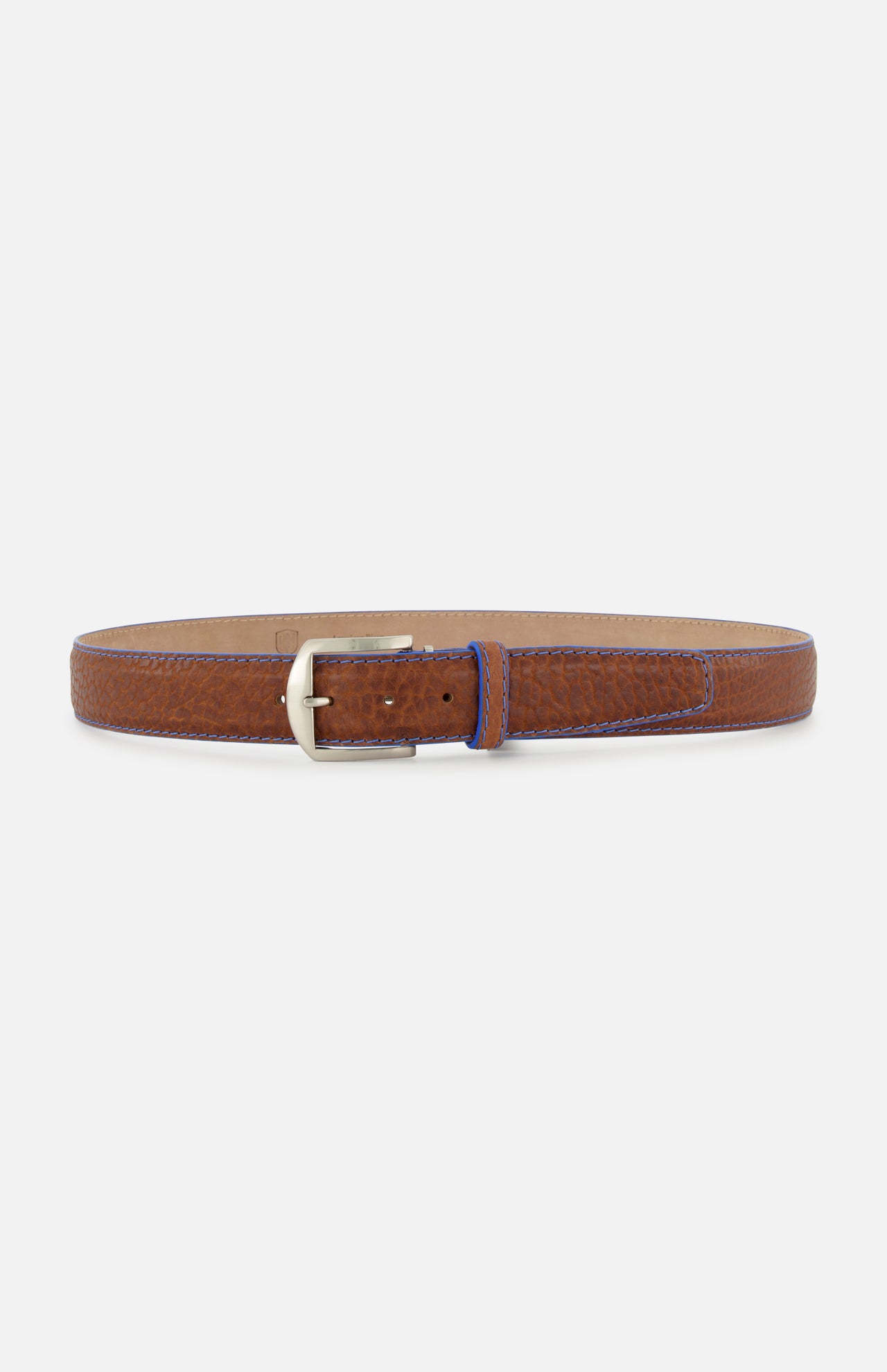 LEN Belts American Bison Belt in tan pebbled leather with a silver-tone buckle and blue contrast stitching.