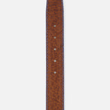 LEN Belts American Bison Belt in textured cognac brown leather with blue contrast stitching, made in the USA.