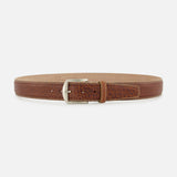 Cognac leather LEN Belts American Bison Belt with a textured brown finish, light-colored stitching, and a silver-toned metal buckle.