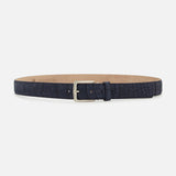Navy blue Buffed Alligator Belt by LEN Belts featuring an embossed texture and a silver-toned metal buckle.