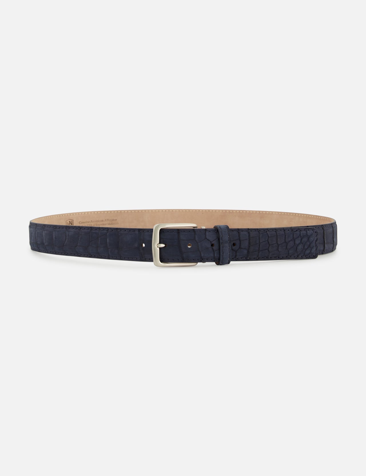 Navy blue Buffed Alligator Belt by LEN Belts featuring an embossed texture and a silver-toned metal buckle.