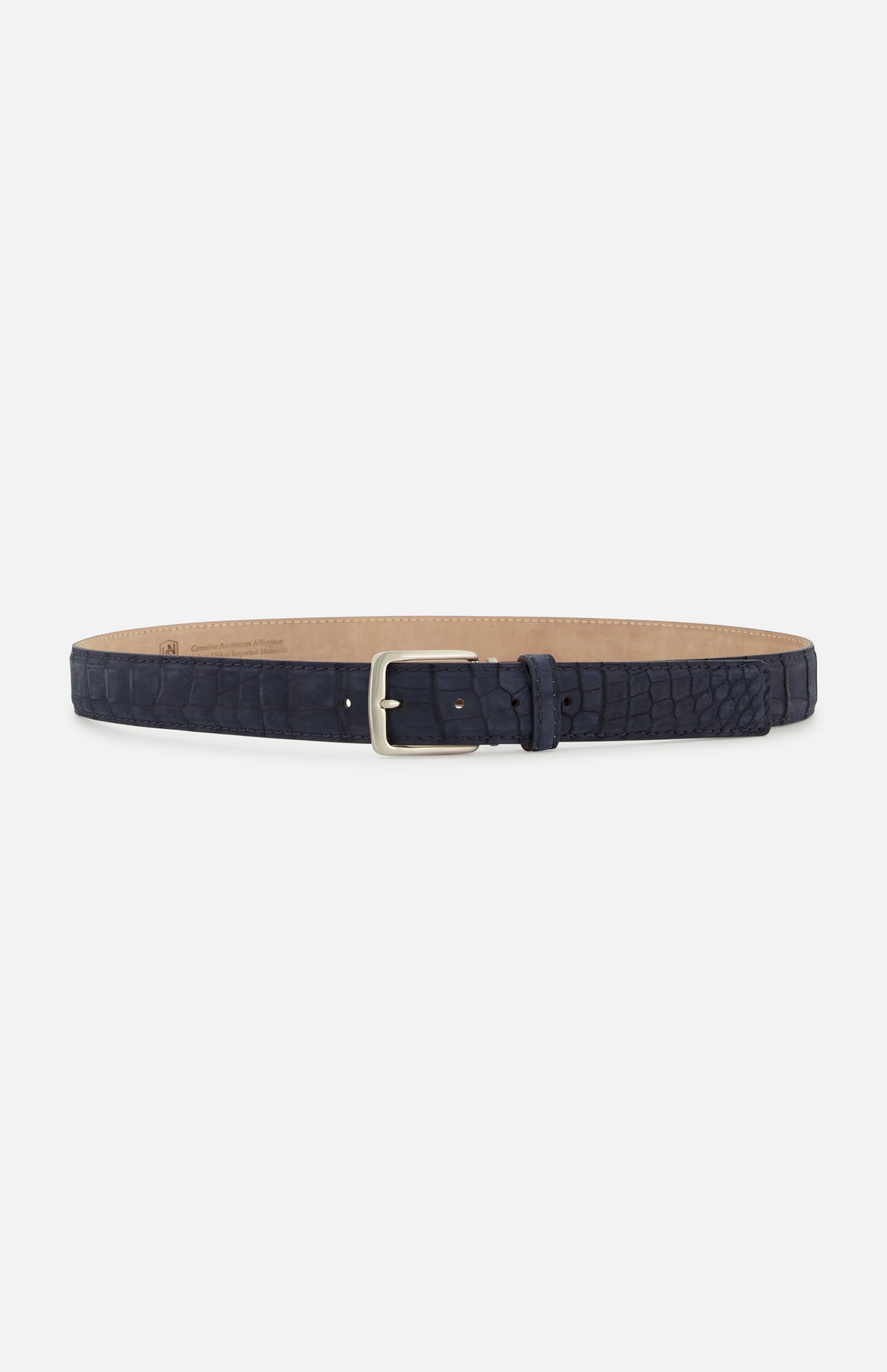 Navy blue Buffed Alligator Belt by LEN Belts featuring an embossed texture and a silver-toned metal buckle.
