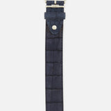 Dark navy Buffed Alligator Belt by LEN Belts featuring a textured crocodile pattern and a rectangular silver-toned buckle, proudly made in the USA.
