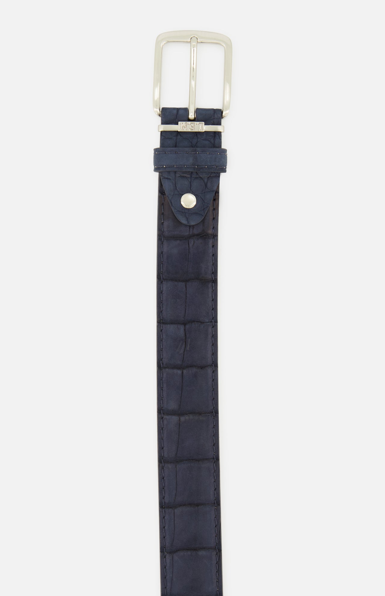 Dark navy Buffed Alligator Belt by LEN Belts featuring a textured crocodile pattern and a rectangular silver-toned buckle, proudly made in the USA.