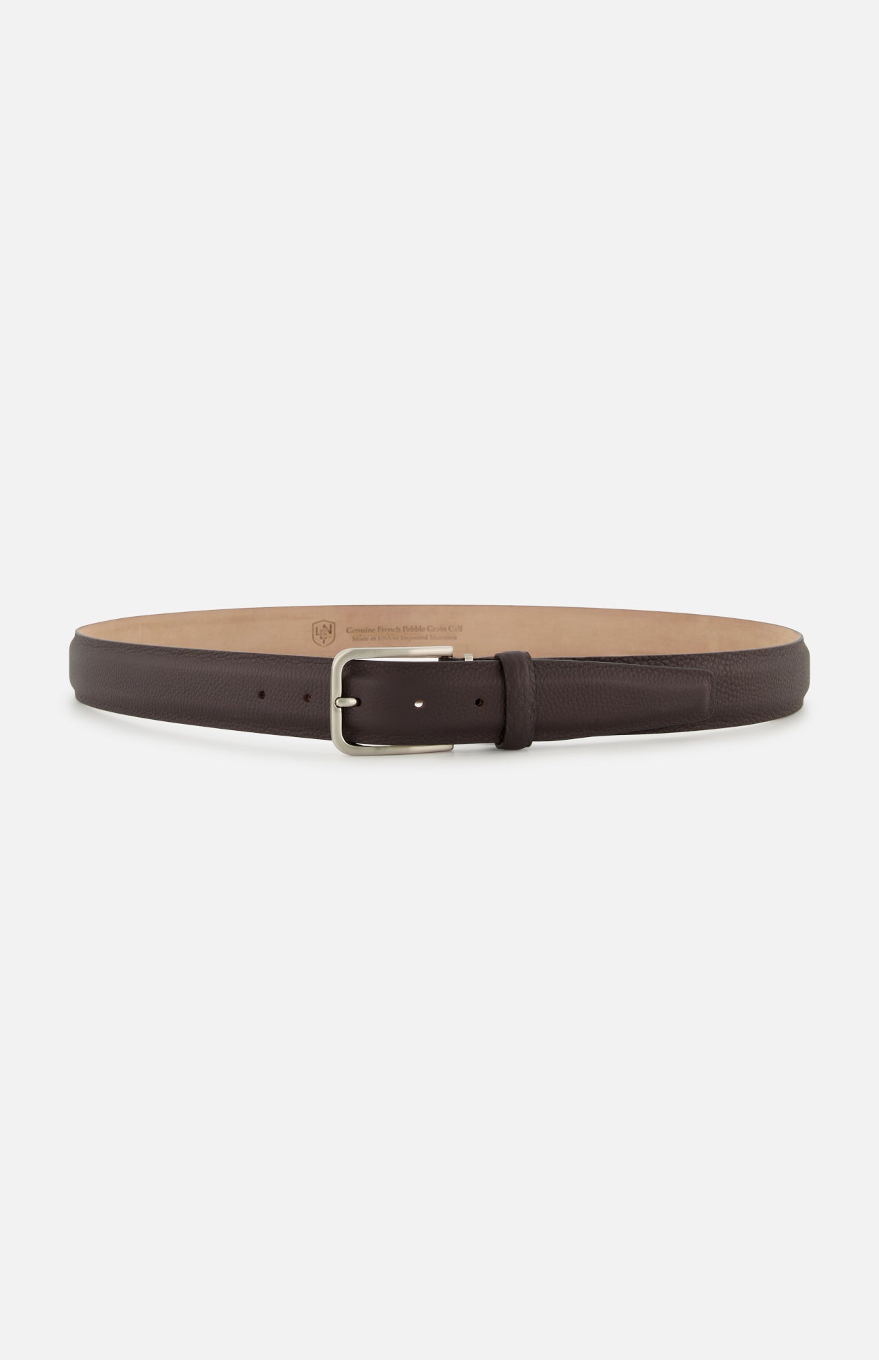 LEN Belts French Pebble Grain Belt in dark chocolate brown pebbled leather with a silver-toned metal buckle.