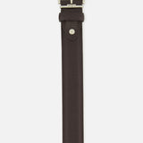 LEN Belts French Pebble Grain Belt in dark chocolate brown pebbled leather with a silver-tone buckle and metal stud detail.