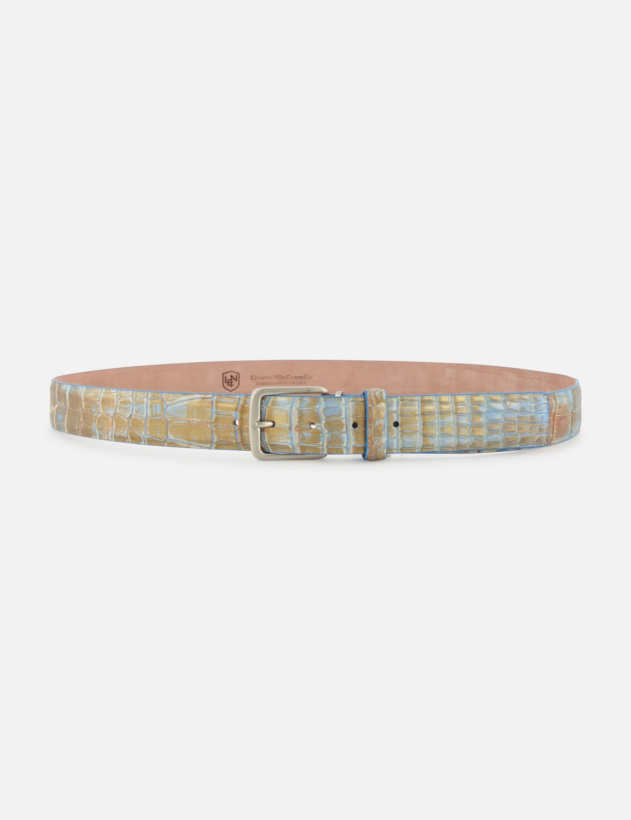 A tan and blue Nile Crocodile Belt by LEN Belts with a silver-tone buckle.