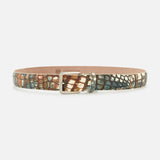 A LEN Belts Nile Crocodile belt featuring a multi-colored, textured crocodile leather pattern and a silver buckle.