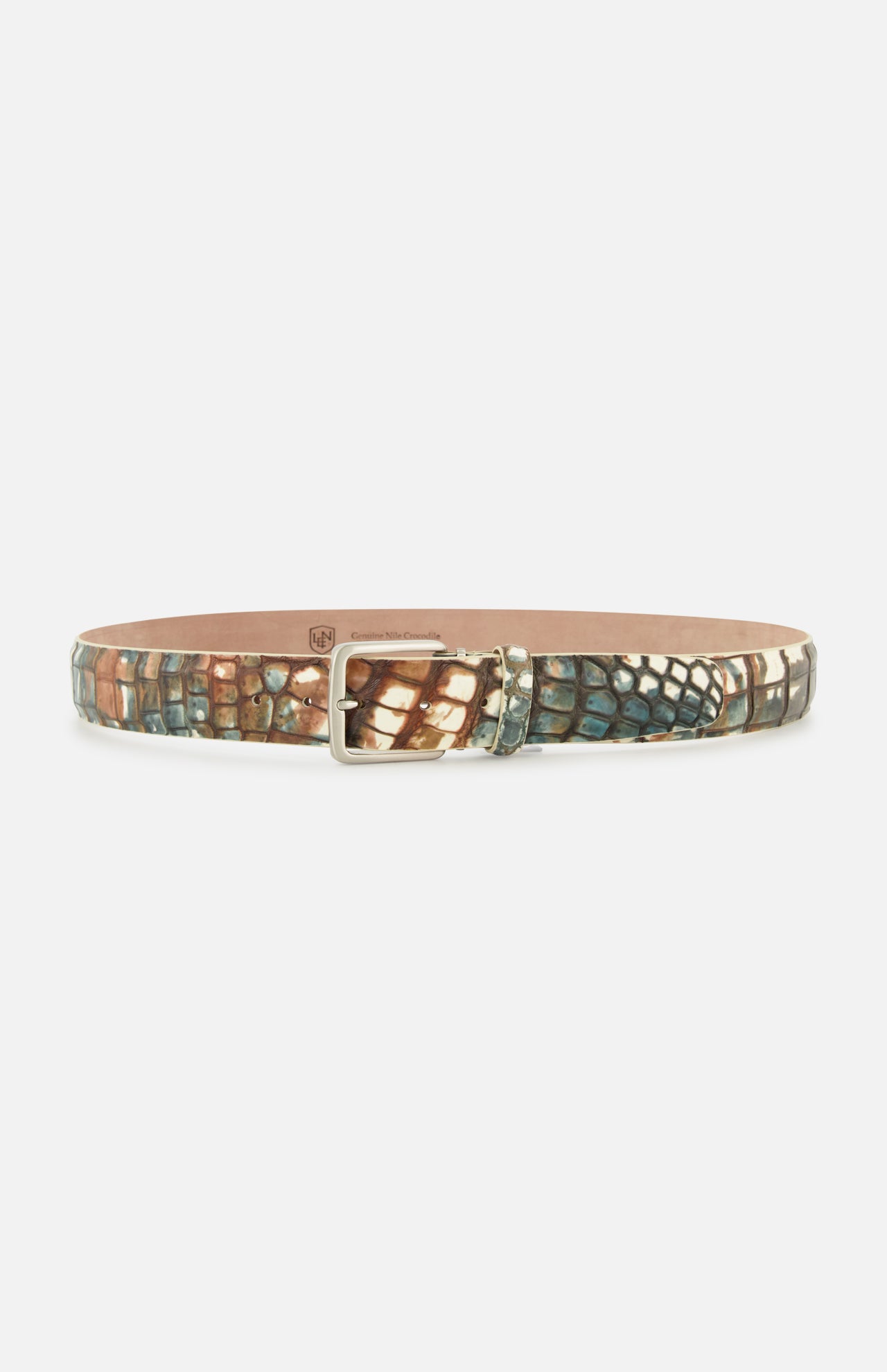A LEN Belts Nile Crocodile belt featuring a multi-colored, textured crocodile leather pattern and a silver buckle.