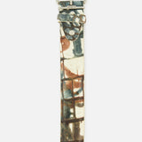 A Nile Crocodile Belt by LEN Belts featuring a multi-colored, abstract tie-dye pattern and a silver-toned metal buckle.