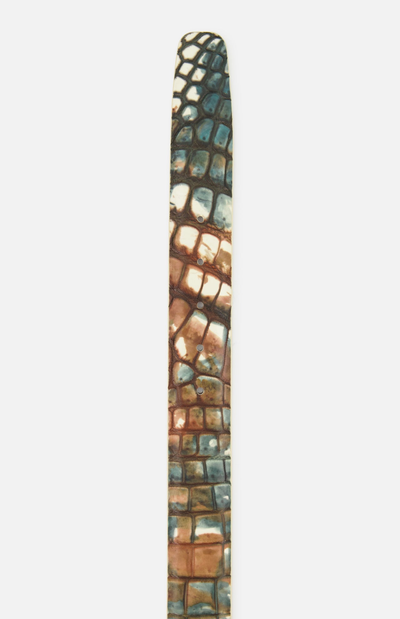 Nile Crocodile Belt by LEN Belts with a blue and brown crocodile leather pattern.