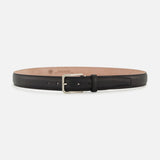 LEN Belts Silken Calf Belt in black luxury leather with a silver buckle and tan leather lining.