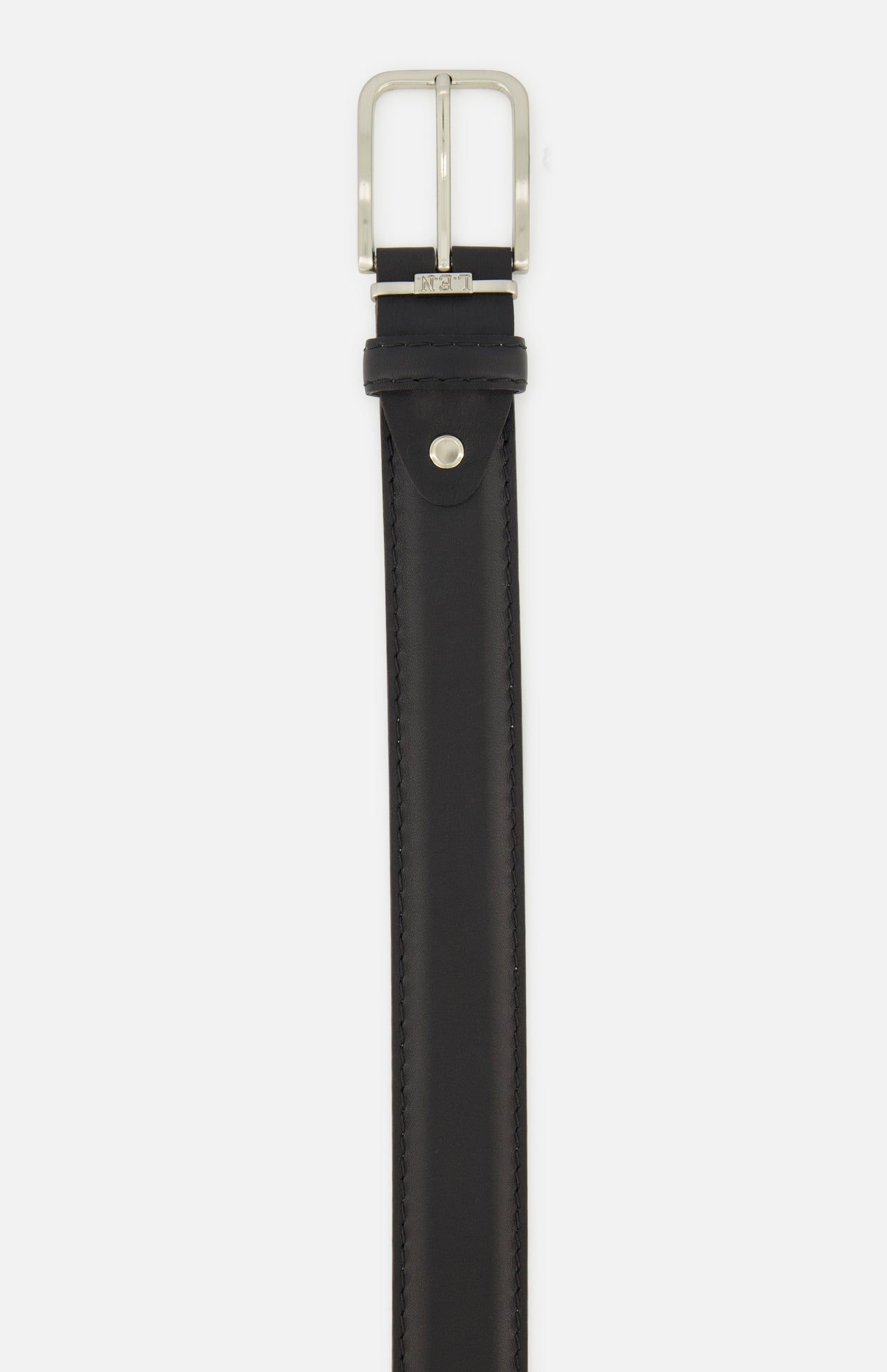 Black French leather Silken Calf Belt by LEN Belts featuring a silver-toned metal buckle.