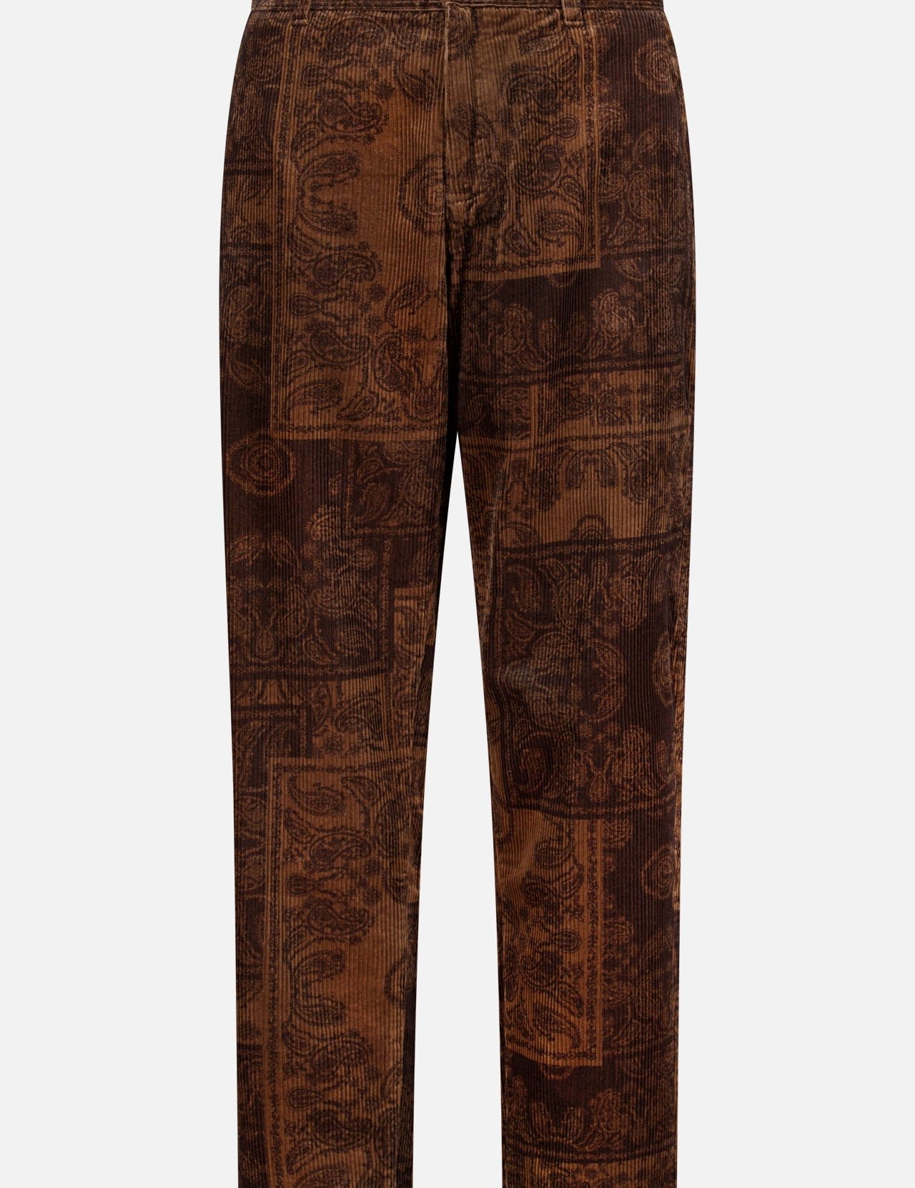 LES DEUX Kody AOP Corduroy Pants are brown straight-leg chinos featuring a dark brown vintage-style paisley print and a button-zip waist closure.
