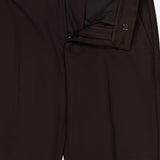 A close-up of the Brushed Twill Regular Suit Pants by LES DEUX in dark brown, featuring fastened top button with unzipped fly and open inner clasp, highlighting the brushed twill fabric, waistband, and part of the pocket.