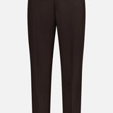 The LES DEUX Brushed Twill Regular Suit Pants are tailored, straight-leg trouser pants in dark brown, crafted from soft brushed twill fabric with belt loops, a front button closure, and two side pockets—perfect for elevating your preppy urban clothing collection. Displayed on a white background.
