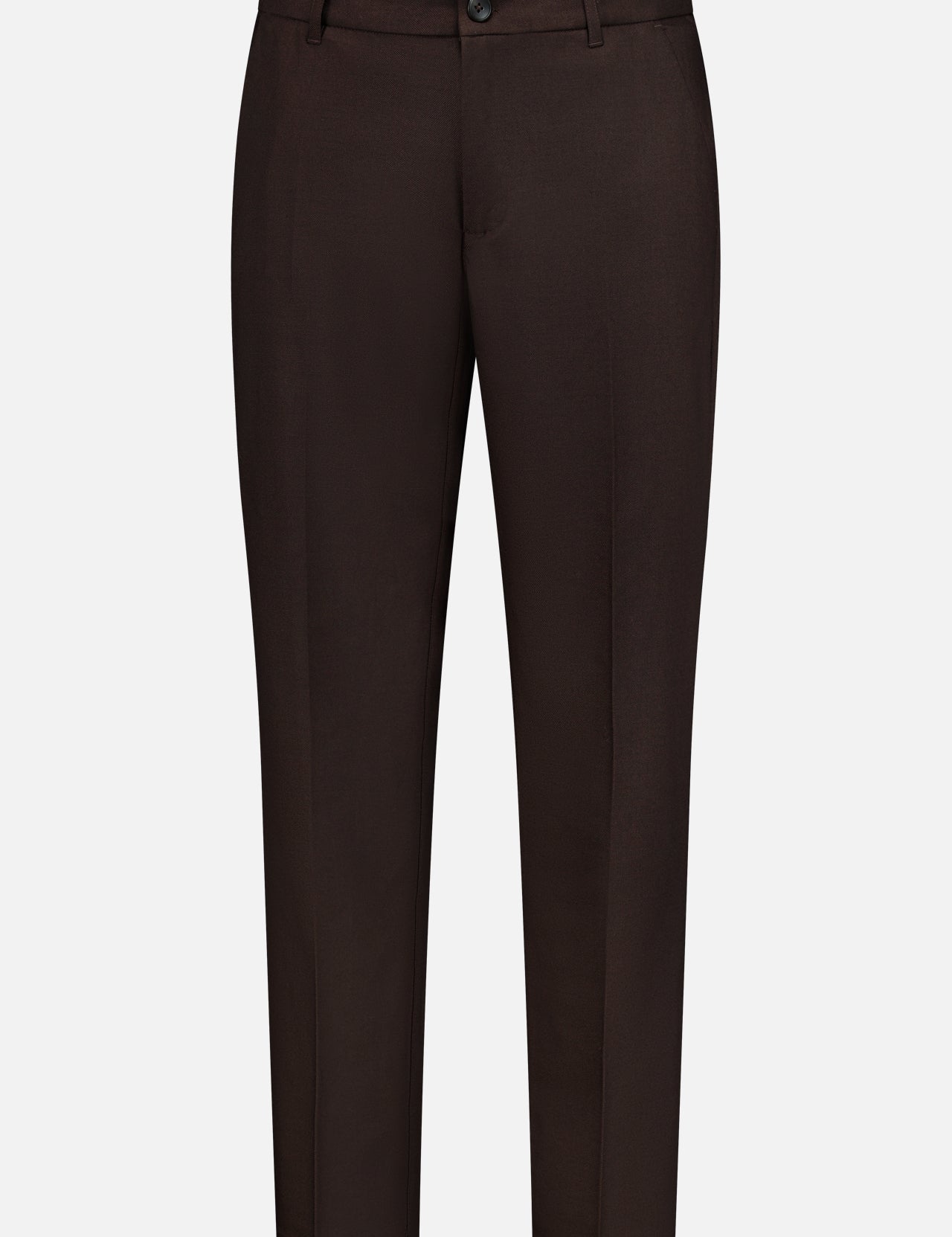 The LES DEUX Brushed Twill Regular Suit Pants are tailored, straight-leg trouser pants in dark brown, crafted from soft brushed twill fabric with belt loops, a front button closure, and two side pockets—perfect for elevating your preppy urban clothing collection. Displayed on a white background.
