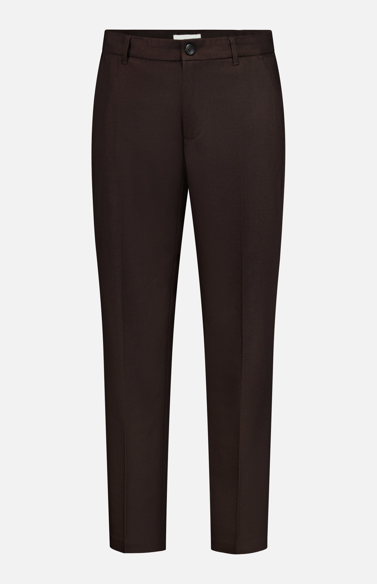 The LES DEUX Brushed Twill Regular Suit Pants are tailored, straight-leg trouser pants in dark brown, crafted from soft brushed twill fabric with belt loops, a front button closure, and two side pockets—perfect for elevating your preppy urban clothing collection. Displayed on a white background.