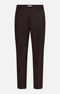 The LES DEUX Brushed Twill Regular Suit Pants are tailored, straight-leg trouser pants in dark brown, crafted from soft brushed twill fabric with belt loops, a front button closure, and two side pockets—perfect for elevating your preppy urban clothing collection. Displayed on a white background.